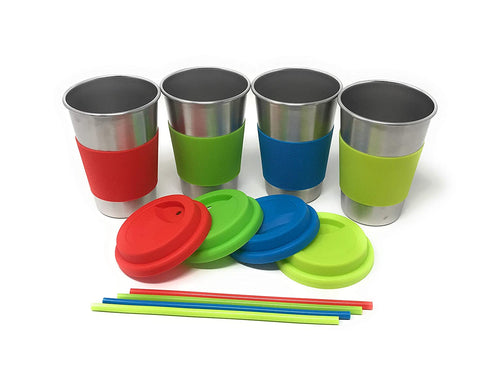 UpPeak 4 Pack 16 oz Stainless Steel Cups with Lids and Straws, ECO, BPA Free Drinking Tumblers (Assorted)
