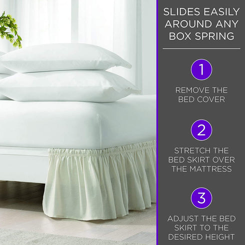 EASY FIT Pom Pom Elastic Wrap Around Bed Skirt, Easy On/Off Dust Ruffle (18-Inch Drop), Queen/King, White