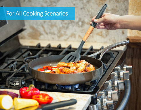 Silicone Cooking Utensils Set (6 pcs): Natural Wood Kitchen Utensils Eco Friendly & BPA Free, Non Scratch & Non Stick Easy Grip Cooking Tools