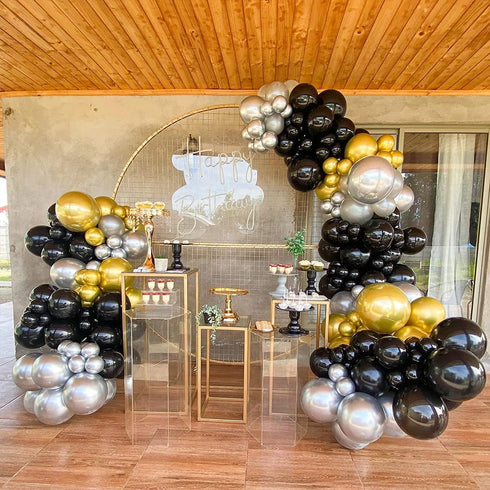 111PCS Black Gold and Silver Balloon Garland Arch Kit Metallic Black Metallic Gold Chrome Silver Latex Balloons Set for Birthday Graduation Bachelorette Wedding New Year Party Decoration