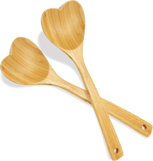 2 Pieces Heart Shaped Bamboo Spoon Set for Valentine's Day, 12.2 Inch Long Handle Wooden Kitchen Utensils Wooden Serving Mixing Spoon for Cooking Baking Stirring