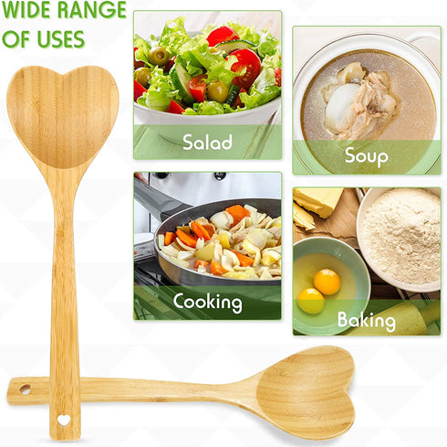 2 Pieces Heart Shaped Bamboo Spoon Set for Valentine's Day, 12.2 Inch Long Handle Wooden Kitchen Utensils Wooden Serving Mixing Spoon for Cooking Baking Stirring