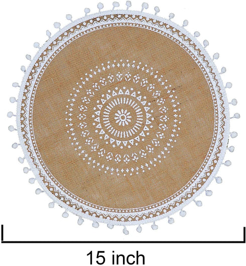 CAPASIN Round Placemats Set of 4, Dining Winter Modern Dinner Braided Beige Boho Round Table and Fall Circle Placemats Boho Runner Kitchen Table Plate Mats Set of 4 (White Ball)