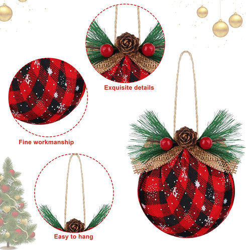 MCEAST 12 Styles Christmas Ball Ornaments Buffalo Plaid Christmas Tree Baubles Rustic Hanging Ornaments with Snowflake Pine Cones and Berries for Christmas Holiday Party Decoration