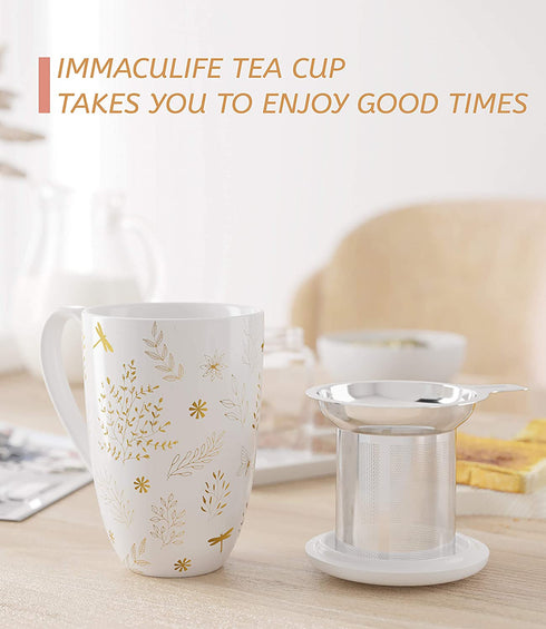 immaculife Tea Cup with Infuser and Lid Tea Mug with Lid - Teaware with Filter 16oz Halloween/Birthday Gift, Platinum Print