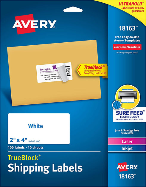 Avery Shipping Address Labels, Laser & Inkjet Printers, 100 Labels, 2x4 Labels, Permanent Adhesive, TrueBlock (18163)