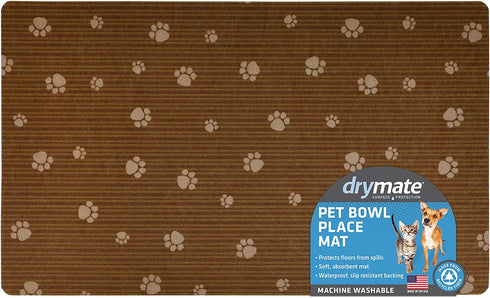 Drymate Pet Bowl Placemat, Dog & Cat Food Feeding Mat - Absorbent Fabric, Waterproof Backing, Slip-Resistant - Machine Washable/Durable (USA Made) (12” x 20”) (Brown Stripe Tan Paw)