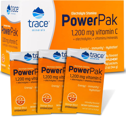 Trace Minerals | Power Pak Electrolyte Powder Packets | 1200 mg Vitamin C, Zinc, Magnesium | Boost Hydration, Immunity, Energy, Muscle Stamina | Orange Blast | 30 Packets