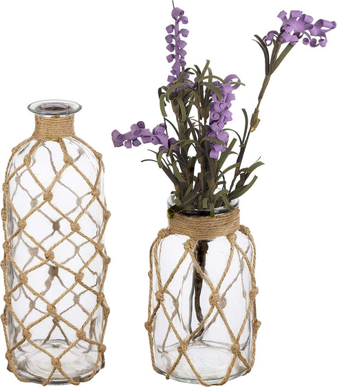 MyGift Coastal Style Decorative Glass Bottles with Rope Wrapping, Set of 2