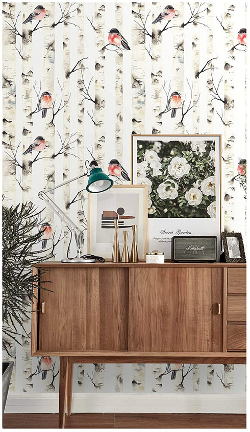 HaokHome 92075 Peel and Stick Forest Wallpaper Birch Tree Birds Mural White/Beige/Grey/Red Removable for Wall Decorations 17.7in x 118in
