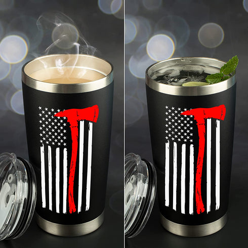 Firefighter Gifts for Men - 20 Ounce Stainless Steel Travel Tumbler/Mug with Lid for Coffee Cup| Thin Red Line Flag Design for Fireman | Fire Department | First Responder (20 Ounce) (Black, 20 Ounce)