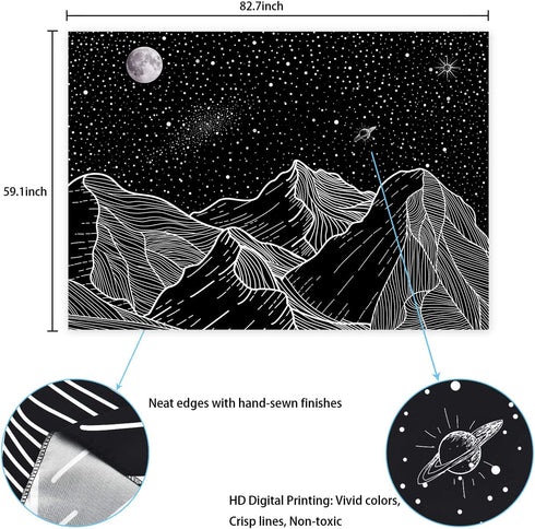 Sevenstars Mountain Tapestry Moon Star Tapestry Starry Night Sky Tapestry Black and White Mountains Tapestry for Room
