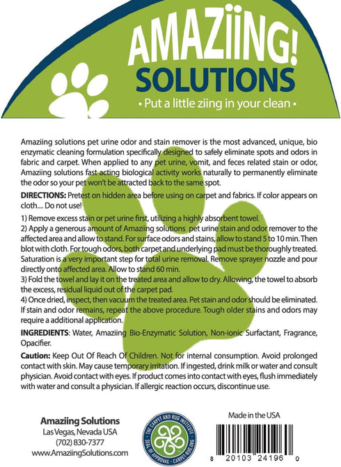 Amaziing Solutions Pet Odor Eliminator and Stain Remover Carpet Cleaner for Dog Urine and Cat Pee, Professional Strength Enzymatic Solution, Natural Enzymes for Carpet and Hardwood Floors (32oz)