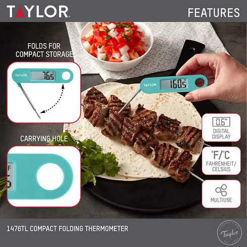 Taylor Precision Products Folding Stem Display Food Instant Read Digital Thermometer, 0.7 Inch LCD Readout, Teal