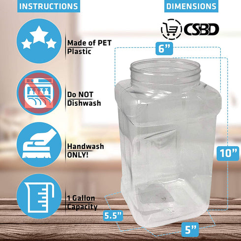CSBD 1 Gallon Clear Plastic Jars with Ribbed Liner Screw On Lids, BPA Free, PET Plastic, Made in USA, Bulk Storage Containers 2 Pack (1 Gallon (Square))