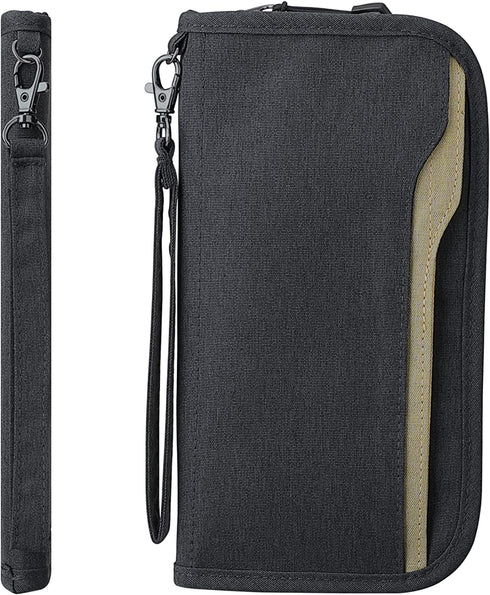 ZOPPEN RFID Travel Passport Wallet & Documents Organizer Zipper Case with Removable Wristlet Strap