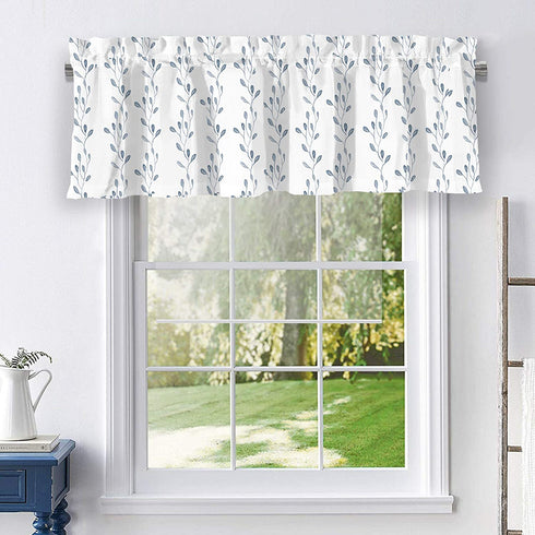 INICEKEY Blue Leaves Printed Valance Curtains Thermal Insulated Grey Kitchen Window Valances Living Room Leaf Print Triple Weave Bedroom,Rod Pocket 52"x17"+2" Header