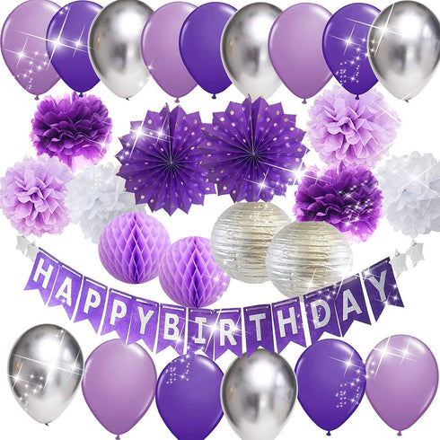 Birthday Party Decorations for Women Purple Silver Happy Birthday Banner Purple Silver Latex Balloons Polka Dot Paper Fans/Girl Purple Birthday Decorations for Women 30th/40th/50th/60th Purple Birthday Party Decorations