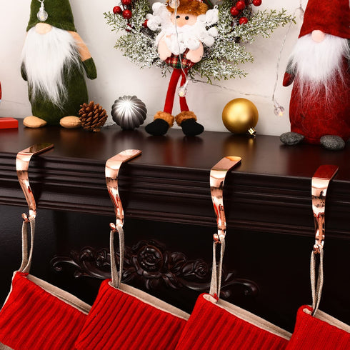 Yuokwer Set of 4 Christmas Stocking Holders for Mantel Stocking Hooks Hanger for Fireplace Christmas Safety Hang Grip Stockings Clip for Christmas Party Decoration (Rose Gold, Pack of 4)