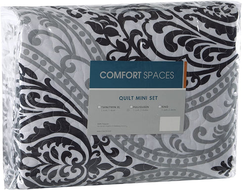 Comfort Spaces Coco 2 Piece Quilt Coverlet Bedspread Ultra Soft Printed Damask Pattern Hypoallergenic Bedding Set, Twin/Twin XL, Black