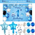 1st Birthday Decorations First Birthday Boy Backdrop 88 Pcs Blue Baby Boy First Birthday Party Supplies with Banner Foil Star Balloons Set for 1st Birthday Baby Shower Party Decorations Supplies