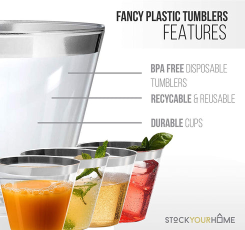 Stock Your Home Silver Rim 9 Ounce Clear Plastic Cups (100 Pack) Disposable Party Cups - Old Fashioned Reusable Plastic Tumblers for Weddings, Parties and Everyday Use