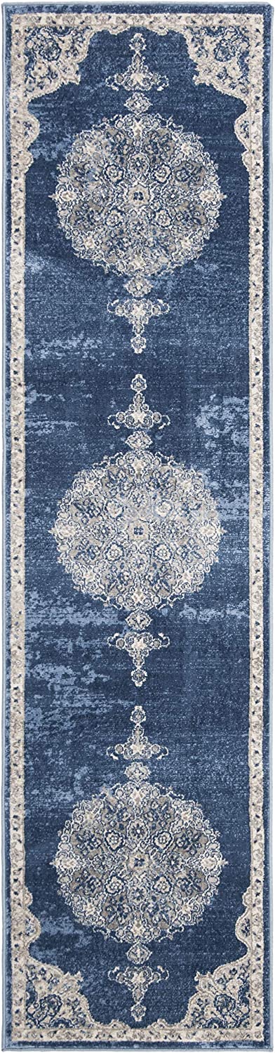 SAFAVIEH Brentwood Collection BNT867M Medallion Distressed Non-Shedding Living Room Entryway Foyer Hallway Bedroom Runner, 2' x 6' , Navy / Light Grey