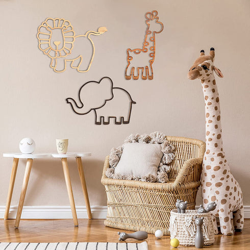 Nursery Decor 3 Pieces Wooden Animal Theme Wall Decor Nursery Jungle Wall Art Geometric Safari Wall Decor Jungle Decor with Glue Points for Themed Room (Lion, Elephant, Giraffe Style)