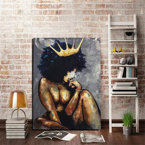 Black Women Canvas Wall Art African American Black Queen Women Wall Art Abstract Black Art Fashion Contemporary Artwork- Queen Think For Living Room Bedroom No Frame 16x24 Inch