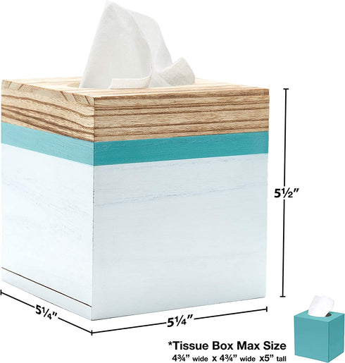Modern Square Wooden Tissue Box Cover Holder for Bathroom Vanity Countertops, Bedroom Dressers, Night Stands, Desks and Tables, Rustic Farmhouse - White and Sea Mist Green
