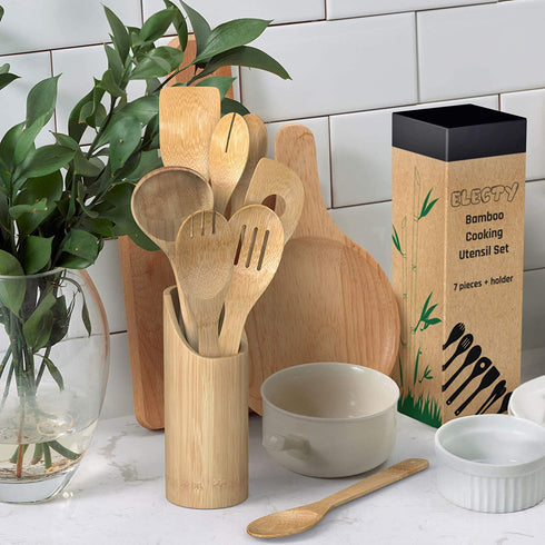 Electy Wooden Spoons for Cooking 8piece Set with Soup Spoon, Bamboo Spatula, Bamboo Utensil Holder