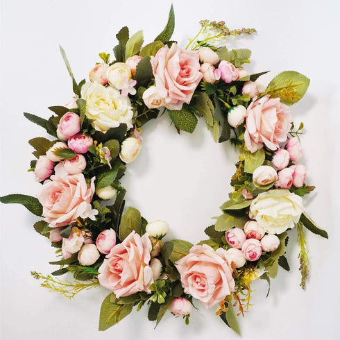 Rose Wreath Floral Wreath Classic Handmade Flowers for Front Door Wall Wedding Party Christmas Home Decor (13"-Pink)