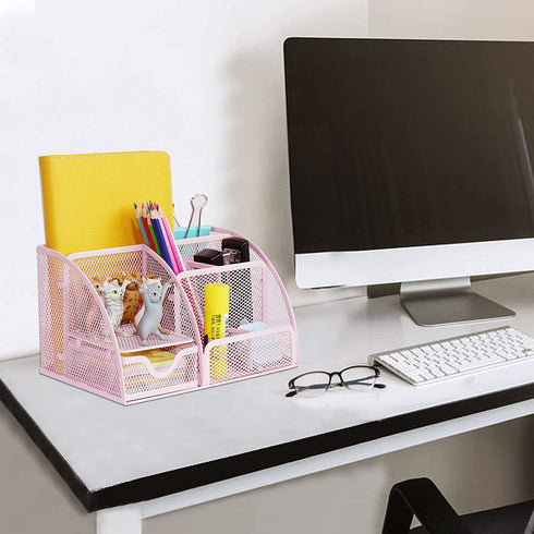 Desk Organizer Office Accessories, Multi-Functional Mesh Desk Organizer with 6 Compartments and 1 Drawer for Home, Office, School, Workshop, kitchen (Pink)