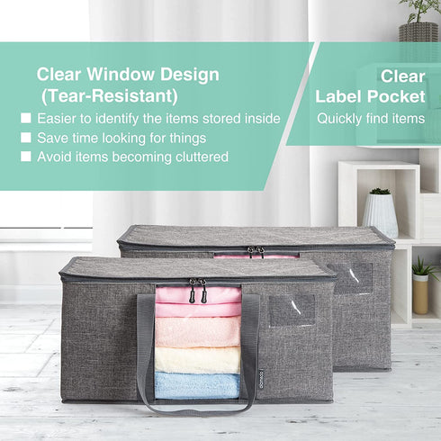 Alameda Large Capacity Storage Tote Bags Clothes Organizer for Clothing, Blanket, Bedding, Moving Supplies, Heavy Duty Moving Bag with Strong Handles, Sturdy Zippers, Clear Window and Oversized Opening (Grey, 1 Pack)