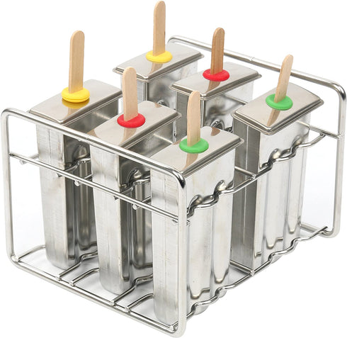 Yaekoo Set of 6 Stainless Steel Popsicle Mold and Rack Set - Homemade Ice Treat Makerwith 50 Wooden Sticks and 6 Silicone Seals and Bonus Cleaning Brush