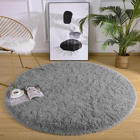 Chicrug Fluffy Round Area Rugs for Girls Bedroom, 4x4 Feet Shaggy Circle Area Rug for Living Room, Soft Fuzzy Carpets for Princess Room, Cute Rug Kids Circular Playmats for Baby Nursery Home, Grey
