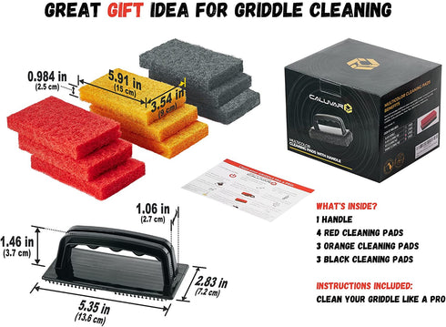 CALUVAR 11 Piece Griddle Cleaning kit Includes 10 Cleaning Pads and Sturdy Ergonomic Handle, Perfect for Easily Cleaning Your Blackstone griddles, Grills, cast Iron cookware, stoves, BBQ's and More