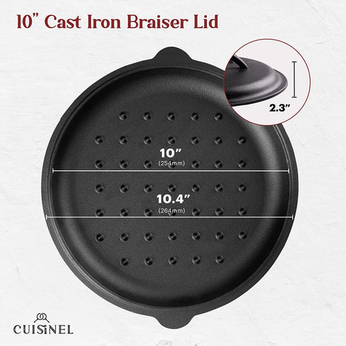 Cast Iron Lid - Fits 10-Inch" Lodge Skillet Frying Pans or Braiser + Silicone Handle Holder + Care Guide - 25.4-cm Pre-Seasoned Universal Replacement Cover - Indoor/Outdoor, Oven, Open Fire, BBQ Safe