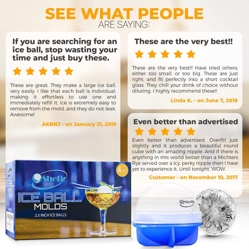 Round Ice Cube Mold Set of 4 Individual 2.5 Inch Tight Sealing, Leak Proof Silicone Big Sphere Ice Ball Makers for Cocktails Whiskey, Bourbon, Scotch, and Fun Entertaining