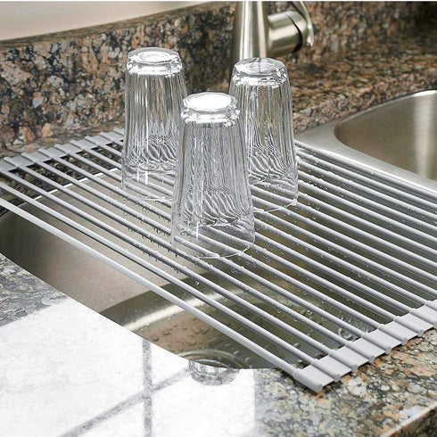 iPEGTOP Roll Up Dish Drying Rack with 304 Stainless Steel Plates Holder Pot Lid Organizer, Over the Sink Kitchen Foldable Multipurpose Dish Drainer Rack for Fruits Vegetable,16.9" x 12.6"
