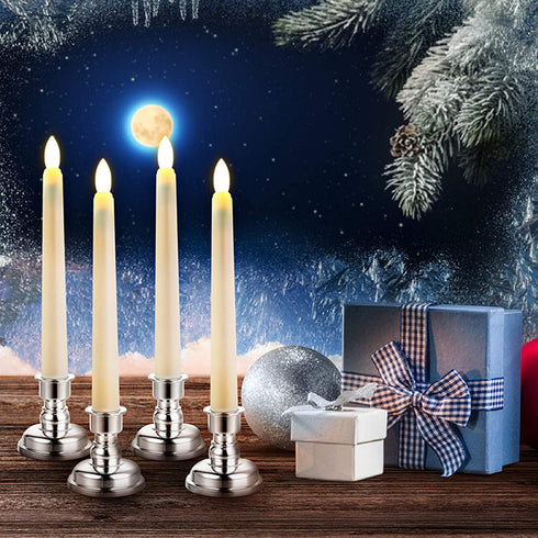 CXMYKE 6PACK 7.9" LED Taper Candles with Removable Silver Candle Holders - Battery Operated Flameless Window Candles with Remote Timer - Warm White Flicker Light - Perfect for Wedding/ Birthday Decor