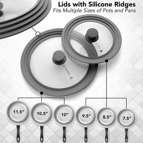 LORESO Silicone Glass Lid Grey Pack of Two - Universal Silicone Glass Lid for Pots Pans & Skillet 8 to 11 Inches, Tempered Glass Lid Steam Vent, Food Safe Silicone, Cool-Touch Handle & Dishwasher safe