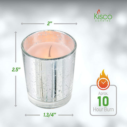 KISCO CANDLES: 10 Hour Votive Candles with Holders 12-Pack Silver Decorative Glass Home Decor, Beautiful Living Room, Kitchen, Bathroom Lighting | Long-Lasting Wax