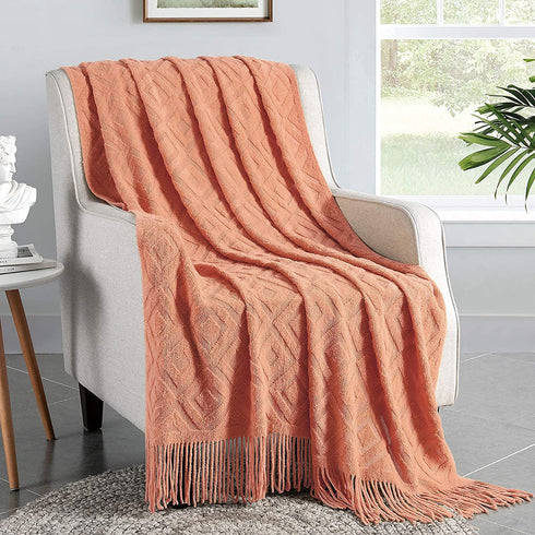 BRSnugU Throw Blanket for Couch,Warm & Cozy Fluffy Acrylic Knitted Bed Throws with Tassels for Sofa,Decor,Travel,All Seasons Suitable for Adults and Kids,50"x60",Coral