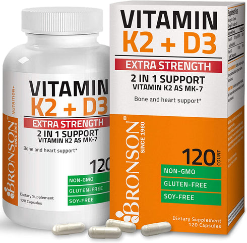 Bronson Vitamin K2 (MK7) with D3 Extra Strength Supplement Bone and Heart Health Non-GMO Formula 10,000 IU Vitamin D3 & 120 mcg Vitamin K2 MK-7 Easy to Swallow Vitamin D & K, 120 Capsules