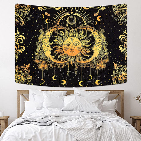 Sun and Moon Tapestry Stars Tapestry Black and Gold Wall Tapestry Psychedelic Moon Tapestry Trippy Celestial Tapestry Wall Hanging for Room (51.2 — 59.1 inches)