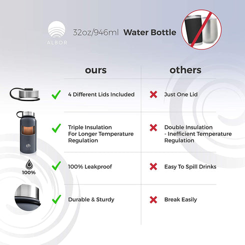 ALBOR Insulated Water Bottle with Straw - 32 oz Water Bottles - Triple Insulated Stainless Steel Water Bottles with 4 Leak-Proof Lids and 2 Straws. Reusable Water Bottle, Graphite