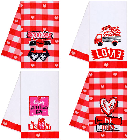 Ruisita Set of 4 Valentines Day Love Dish Towels 28 x 18 Inch Absorbent Red Buffalo Plaid Kitchen Towel Oversized Decorative Towels for Cleaning, Cooking, Baking, Drying