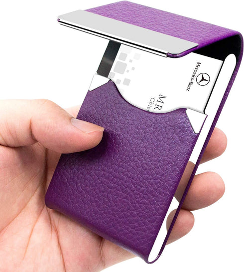 Padike PU Leather Business Card Holder for Women Slim Pocket Business Name Card Holder Stainless Steel Business Card Case with Magnetic Shut (Purple)