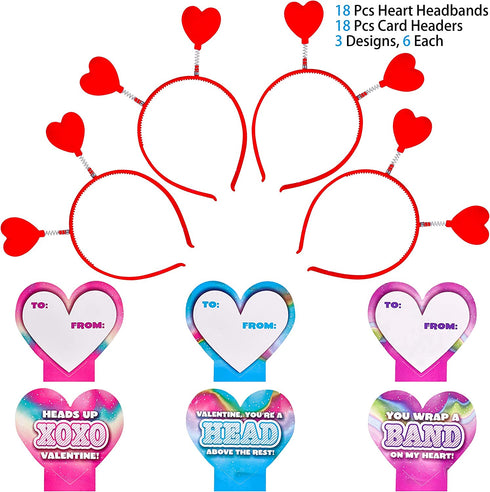 JOYIN 18 Packs Valentines Day Heart Headband with Card Headers for Classroom Exchange Prizes, Valentines Greeting Cards, Valentine Party Favors, Valentine Exchange Gifts